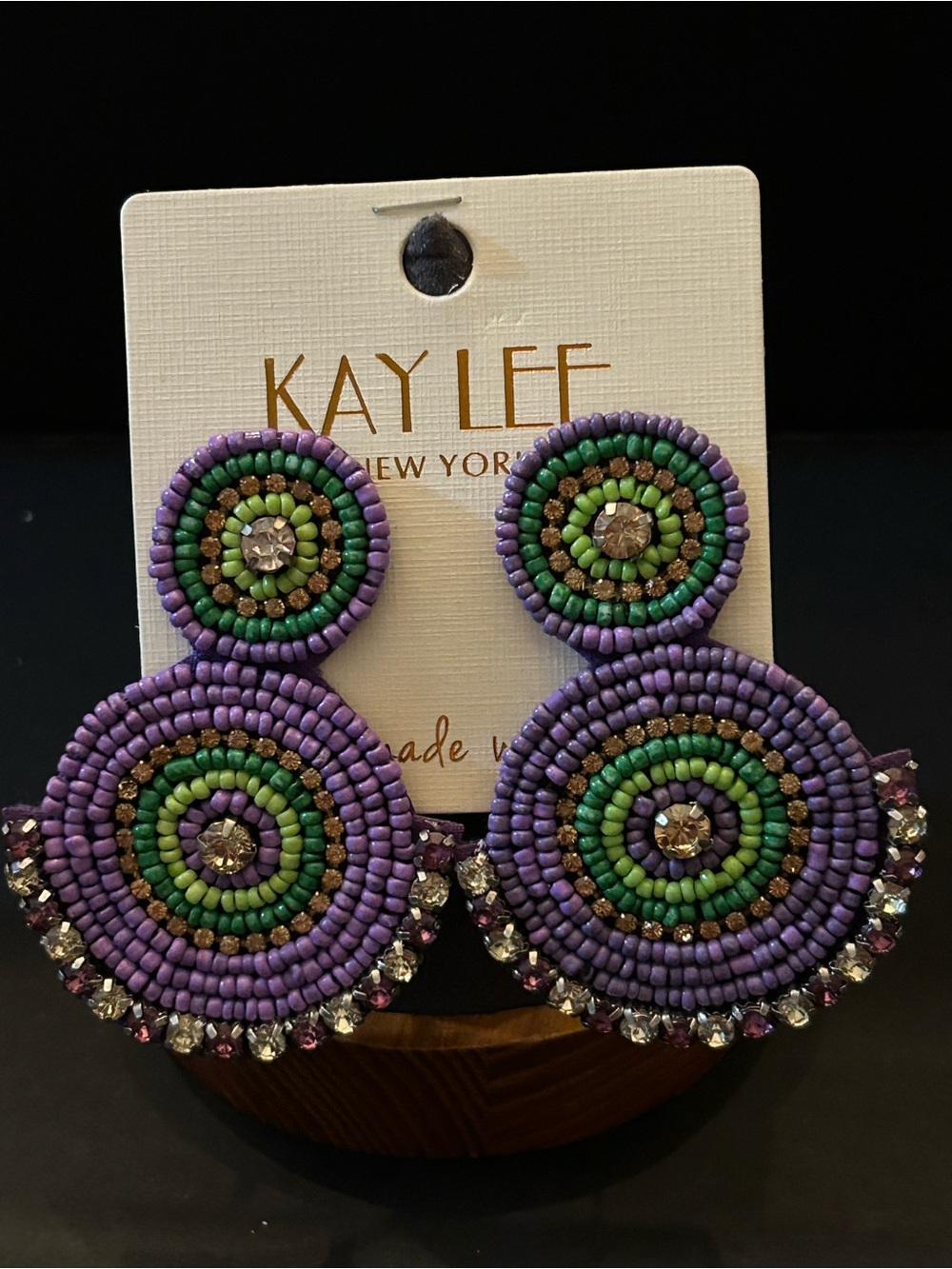 Kay Lee Handmade Purple Beaded Double Drop Earrings with Green & Gold Accents